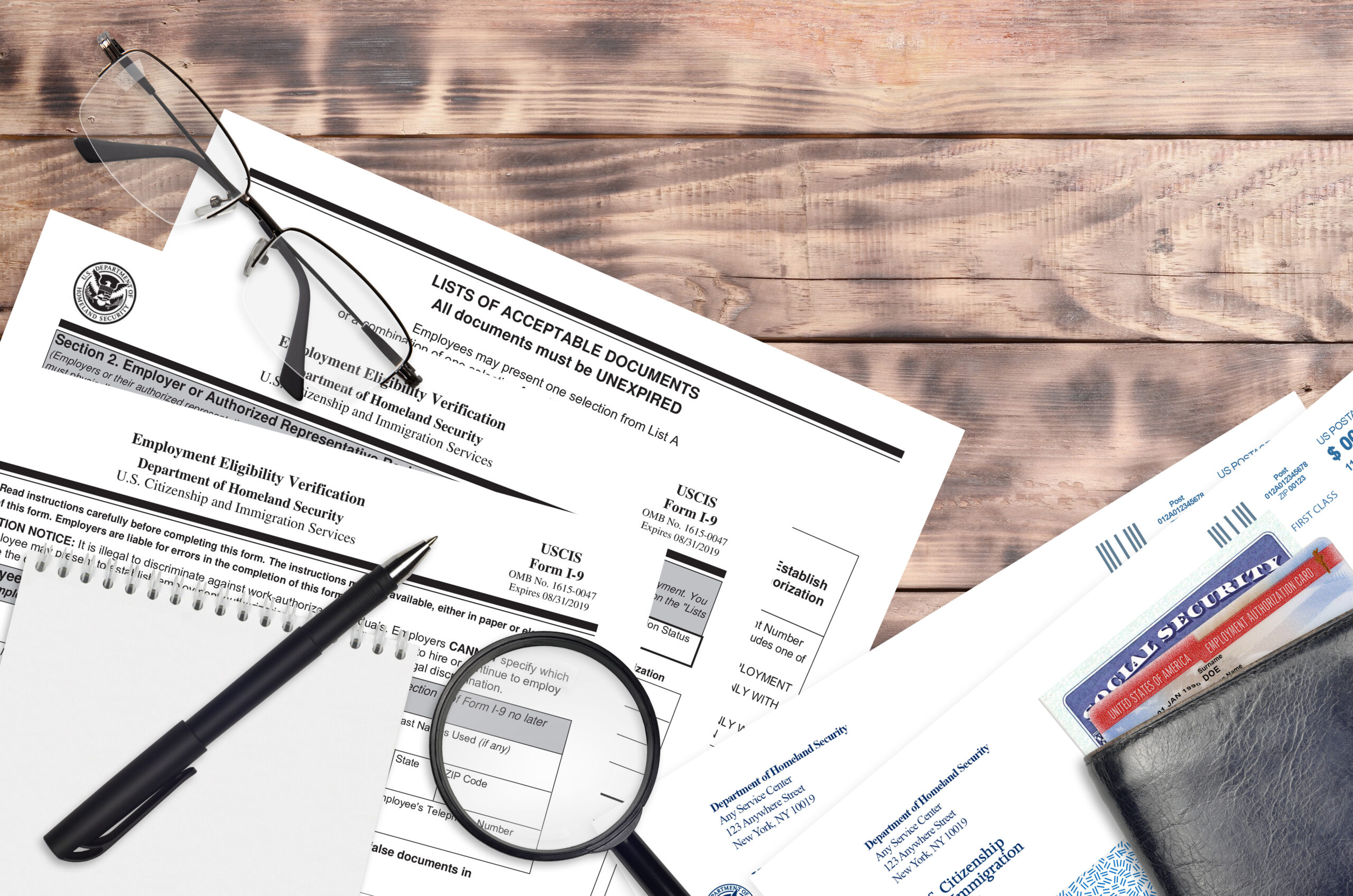 USCIS form I-9 Employment eligibility verification lies on flat lay office table and ready to fill. U.S. Citizenship and Immigration services paperwork concept